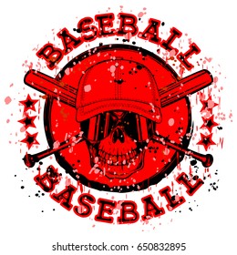 Abstract vector illustration black and red stamp skull in sunglasses with cap and crossed baseball bats. Inscription in circle baseball. Design for tattoo or print t-shirt.