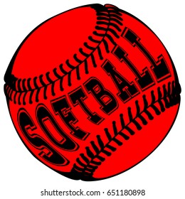 Abstract vector illustration black and red baseball ball on white  background. Inscription softball. Design for tattoo or print t-shirt.