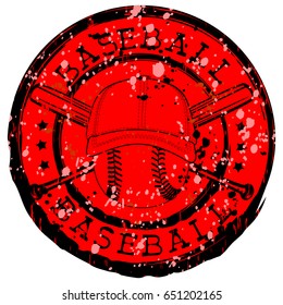 Abstract vector illustration black and red stamp with baseball ball in cap and crossed bats. Inscription in circle baseball. Design for tattoo or print t-shirt.