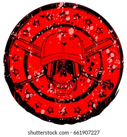 Abstract vector illustration black and red stamp skull in sunglasses with cap and crossed baseball bats. Stars in circle. Design for tattoo or print t-shirt.