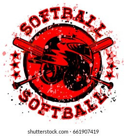 Abstract vector illustration black and red stamp with baseball helmet and crossed bats. Inscription in circle softball. Design for tattoo or print t-shirt.