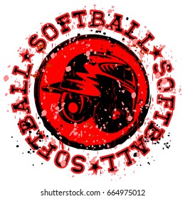 Abstract vector illustration black and red stamp with baseball helmet. Inscription in circle softball. Design for tattoo or print t-shirt.