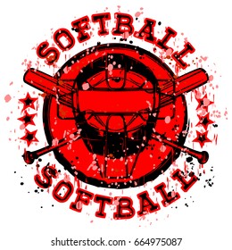 Abstract vector illustration black and red stamp with baseball mask and crossed bats. Inscription in circle softball. Design for tattoo or print t-shirt.