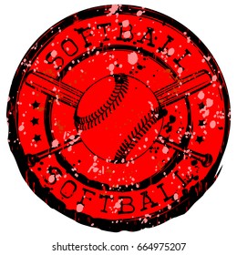 Abstract vector illustration black and red stamp with baseball ball and crossed bats. Inscription in circle softball. Design for tattoo or print t-shirt.