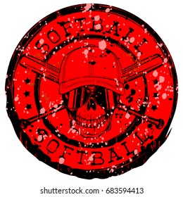 Abstract vector illustration black and red stamp skull in sunglasses with cap and crossed baseball bats. Inscription in circle softball. Design for tattoo or print t-shirt.