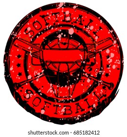 Abstract vector illustration black and red stamp with baseball mask and crossed bats. Inscription in circle softball. Design for tattoo or print t-shirt.