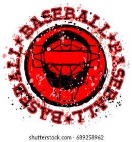 Abstract vector illustration black and red stamp with baseball mask. Inscription in circle baseball. Design for tattoo or print t-shirt.