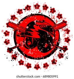 Abstract vector illustration black and red stamp with baseball helmet and crossed bats. Stars in circle. Design for tattoo or print t-shirt.