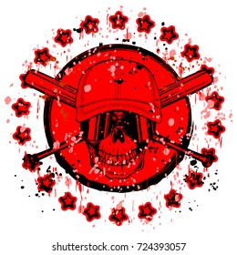 Abstract vector illustration black and red stamp skull in sunglasses with cap and crossed baseball bats. Stars in circle. Design for tattoo or print t-shirt.