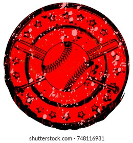 Abstract vector illustration black and red stamp with baseball ball and crossed bats. Stars in circle. Design for tattoo or print t-shirt.