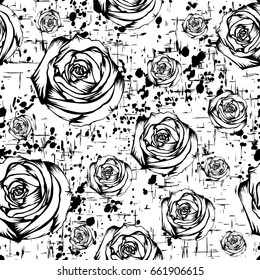 Abstract vector illustration black roses on white backdrop. Seamless grunge background for print on fabric or t-shirt.