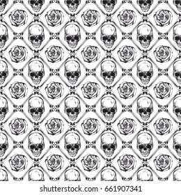 Abstract vector illustration black skulls and roses on white backdrop. Seamless background for print on fabric or t-shirt.
