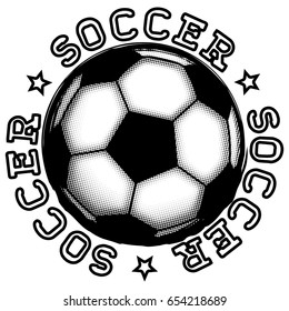Abstract vector illustration black stamp. Inscription soccer with football ball and stars. Design for print on fabric or t-shirt.