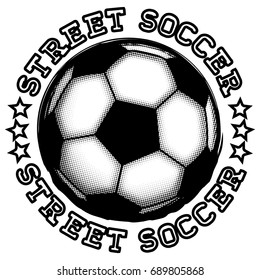 Abstract vector illustration black stamp with football ball. Inscription street soccer with stars. Design for print on fabric or t-shirt.