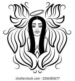 Abstract vector illustration black and white wings and inscription angel in the Gothic style. Design for tattoo or print t-shirt .