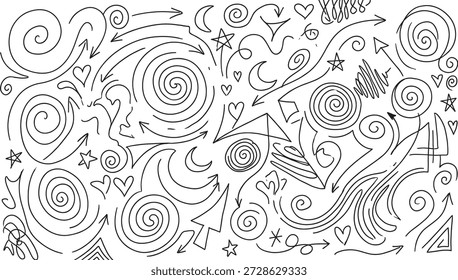 Ilustración vectorial Abstractas de garabatos en blanco y negro con espirales, flechas, lunas, estrellas, corazones y perfiles humanos