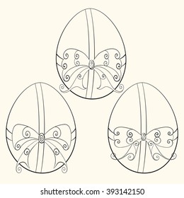 Abstract vector illustration of black and white Easter egg tied with ribbon bow. Hand-drawn set. Adult coloring book. Isolated on white background.