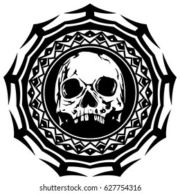 Abstract vector illustration black and white skull on round ornament. Design for tattoo or print t shirt.