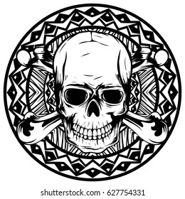 Abstract vector illustration black and white human skull with crossed bones on round ornament. Design for tattoo or print t shirt.