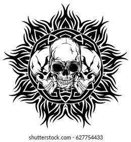 Abstract vector illustration black and white skulls on round ornament. Design for tattoo or print t shirt.