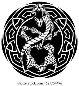 Abstract vector illustration black and white snake with open mouth on round ornament. Design for tattoo or print t shirt.