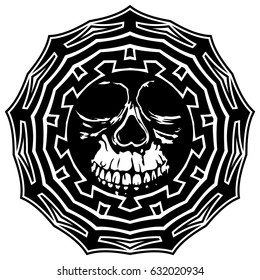 Abstract vector illustration black and white skull on round ornament. Design for tattoo or print t shirt.