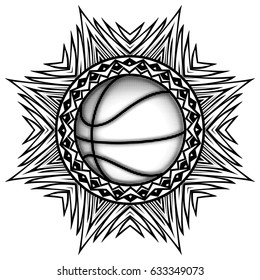 Abstract vector illustration black and white basketball ball on round ornament. Design for tattoo or print t shirt.