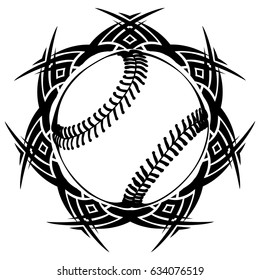 Abstract vector illustration black and white baseball ball on round ornament. Design for tattoo or print t shirt.