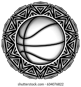 Abstract vector illustration black and white basketball ball on round ornament. Design for tattoo or print t shirt.