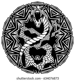 Abstract vector illustration black and white snake with open mouth on round ornament. Design for tattoo or print t shirt.