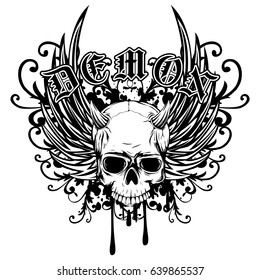 Abstract vector illustration black and white horned skull on wings with grunge patterns. Inscription demon in the Gothic style. Design for tattoo or print t-shirt .
