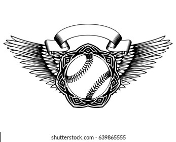 Abstract vector illustration black and white baseball ball on round ornament and wings. Design for tattoo or print t shirt.