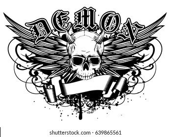 Abstract vector illustration black and white horned skull on wings with grunge patterns. Inscription demon in the Gothic style. Design for tattoo or print t-shirt .