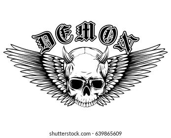 Abstract vector illustration black and white horned skull with wings. Inscription demon in the Gothic style. Design for tattoo or print t-shirt .