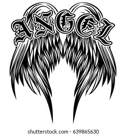 Abstract vector illustration black and white wings and inscription angel in the Gothic style. Design for tattoo or print t-shirt .