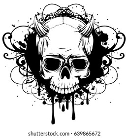 Abstract vector illustration black and white skull demon with horns on grunge patterns. Design for tattoo or print t-shirt .