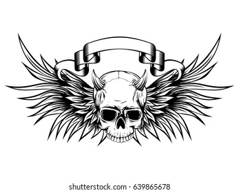 Abstract vector illustration black and white horned skull demon with wings. Design for tattoo or print t-shirt .