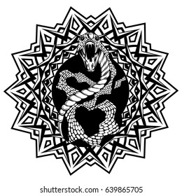 Abstract vector illustration black and white snake with open mouth on round ornament. Design for tattoo or print t shirt.