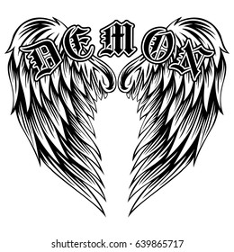 Abstract vector illustration black and white wings and inscription demon in the Gothic style. Design for tattoo or print t-shirt .