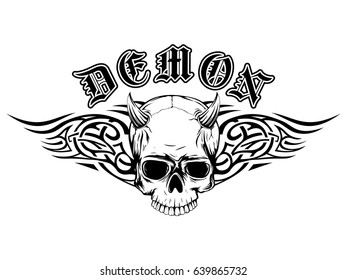 Abstract vector illustration black and white horned skull with tribal wings. Inscription demon in the Gothic style. Design for tattoo or print t-shirt .