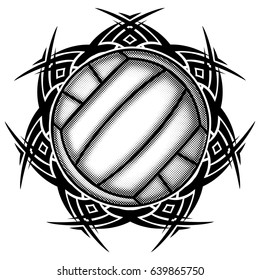 Abstract vector illustration black and white volleyball ball on round ornament. Design for tattoo or print t shirt.