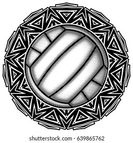 Abstract vector illustration black and white volleyball ball on round ornament. Design for tattoo or print t shirt.
