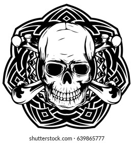 Abstract vector illustration black and white human skull with crossed bones on round ornament. Design for tattoo or print t shirt.
