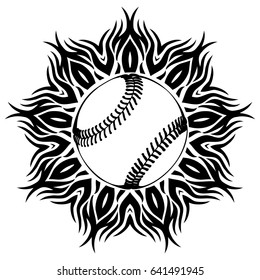 Abstract Vector Illustration Black And White Baseball Ball On Round Ornament. Design For Tattoo Or Print T Shirt.