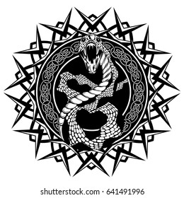 Abstract vector illustration black and white snake with open mouth on round ornament with celtic knots. Design for tattoo or print t shirt.