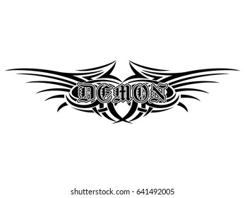 Abstract vector illustration black and white tribal wings and inscription demon in the Gothic style. Design for tattoo or print t-shirt .