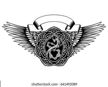 Abstract vector illustration black and white snake with open mouth and round ornament on wings. Design for print on fabric or t-shirt.