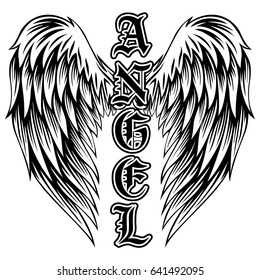 Abstract vector illustration black and white wings and inscription angel in the Gothic style. Design for tattoo or print t-shirt .