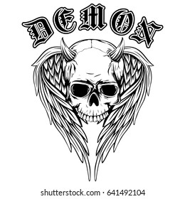 Abstract vector illustration black and white horned skull with wings. Inscription demon in the Gothic style. Design for tattoo or print t-shirt .