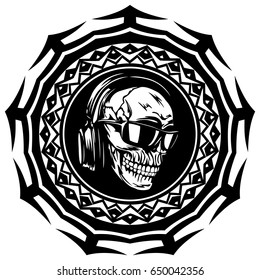 Abstract vector illustration black and white dj skull with headphones and sunglasses on round ornament. Design for tattoo or print t shirt.
